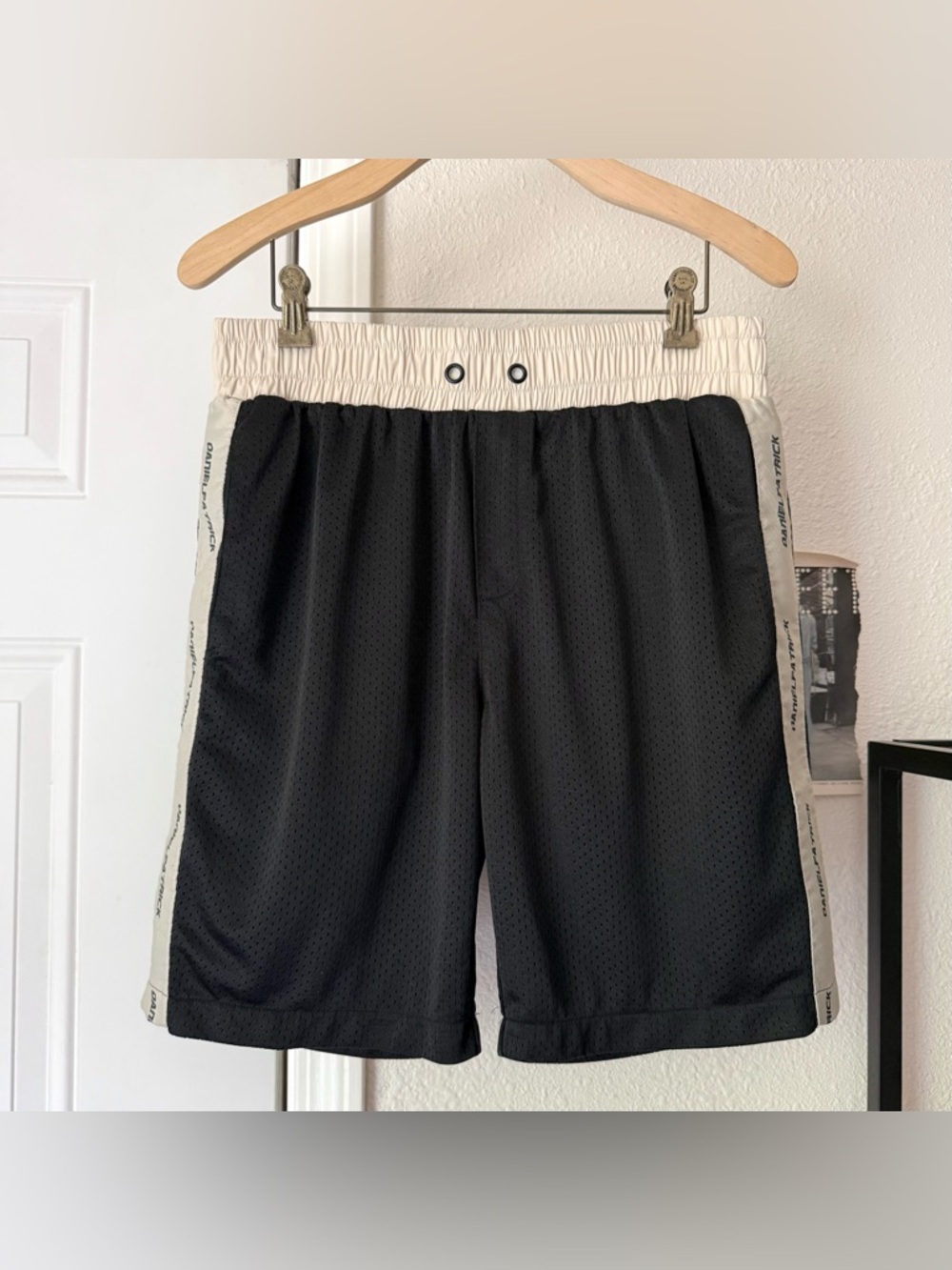 DANIEL PATRICK black cream side stripe logo pull on basketball mesh knit shorts
